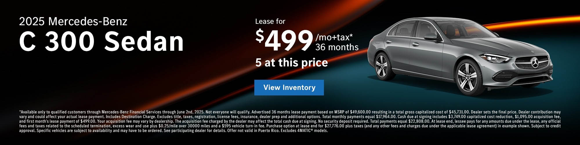 Lease the 2025 Mercedes-Benz C300 Sedan for $499 a month
