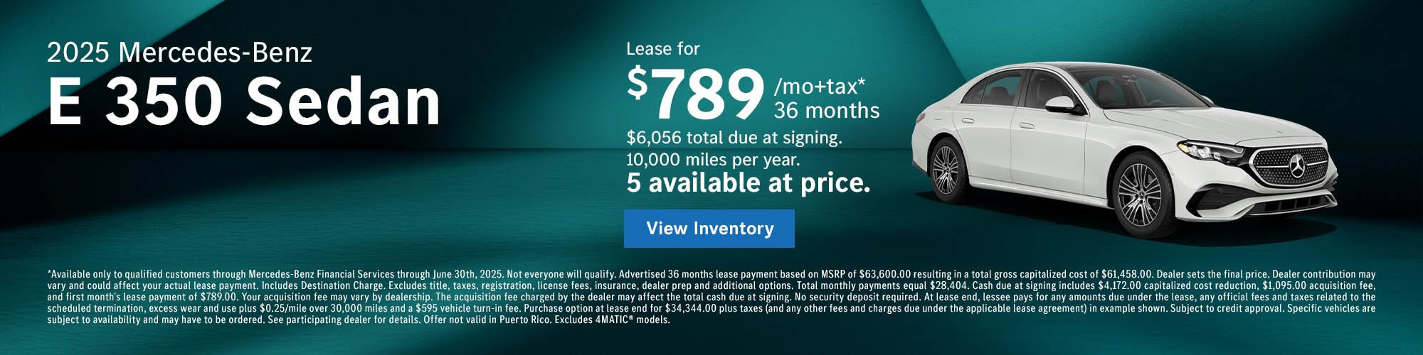 Lease the 2025 E 350 Sedan for $789 /mo plus tax for 36 months